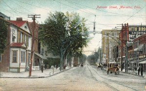 Marietta OH Putnam Street Storefronts Trolley Tracks Postcard