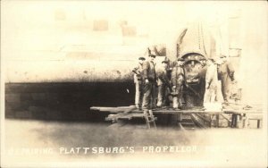 US Navy Ship Plattsburg in Drydock Propellor Repair c1918 Real Photo Postcard