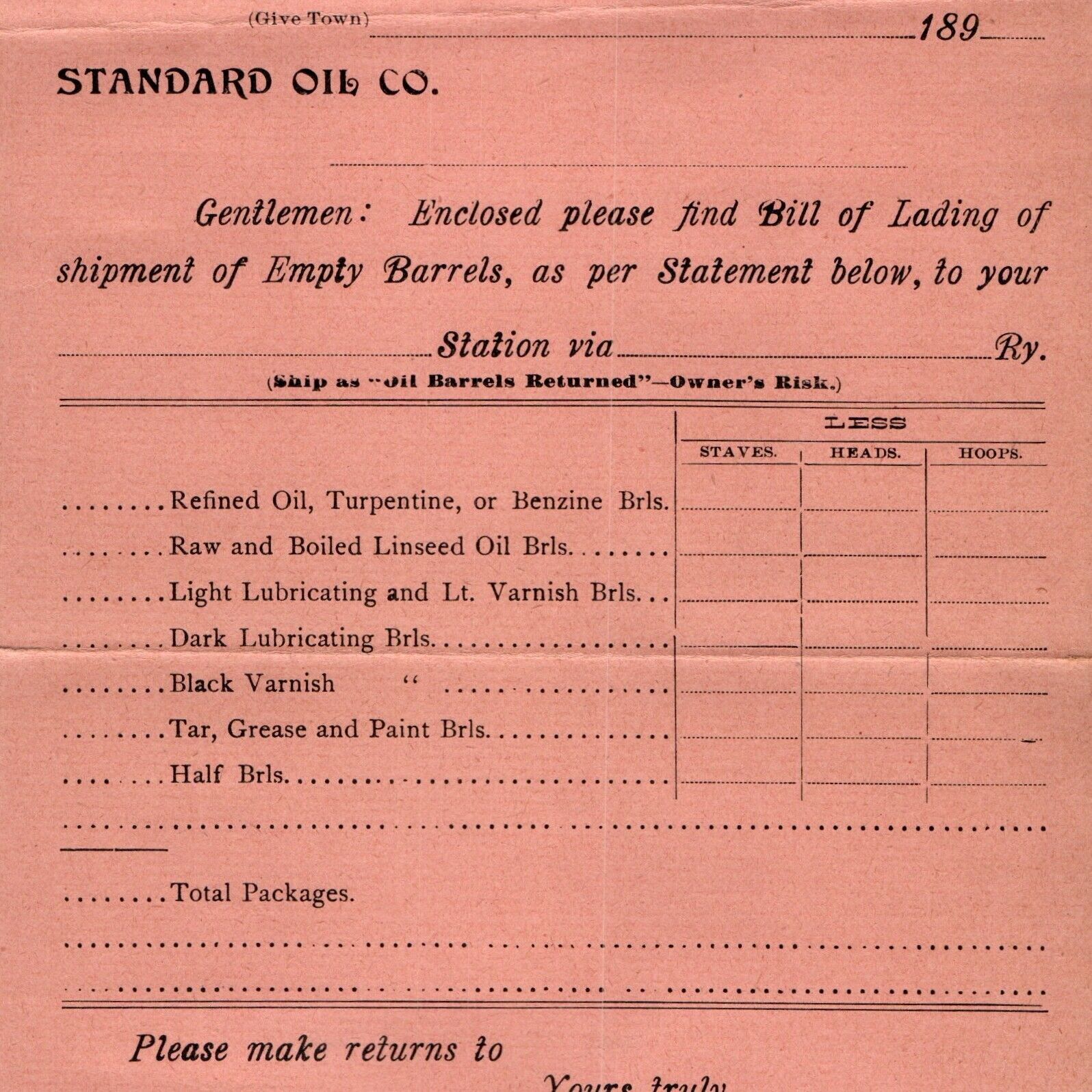c1890s Standard Oil Co. Unused Shipment Form Barrels Receipt Letterhead Bill 5R1 Ephemera