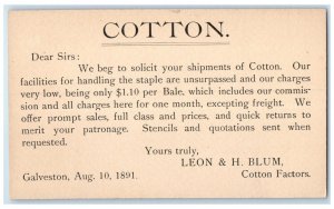 1891 Cotton Solicit Shipments Leon & H Blum Galveston Texas TX Postal Card