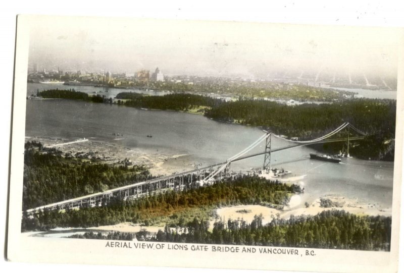 RPPC Postcard Aerial View Lions Gate Bridge + Vancouver BC Canada 1940