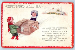 Christmas Postcard Greeting Children With Box Full Of Something Nice Winter 1920
