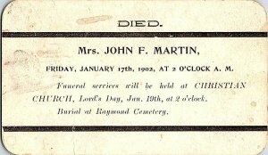 Vintage 1902 Death Funeral Announcement Card Mrs. John F. Martin Raymond KS 