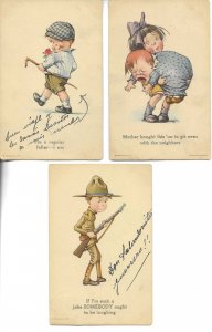 Lot of three (3) old vintage American humorous American artist drawn postcards