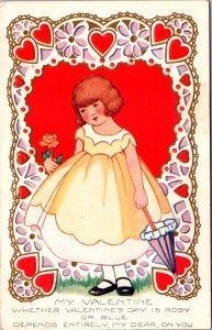 Valentine's Day Postcard Young Girl Yellow Dress Umbrella Rose Hearts Daisy's