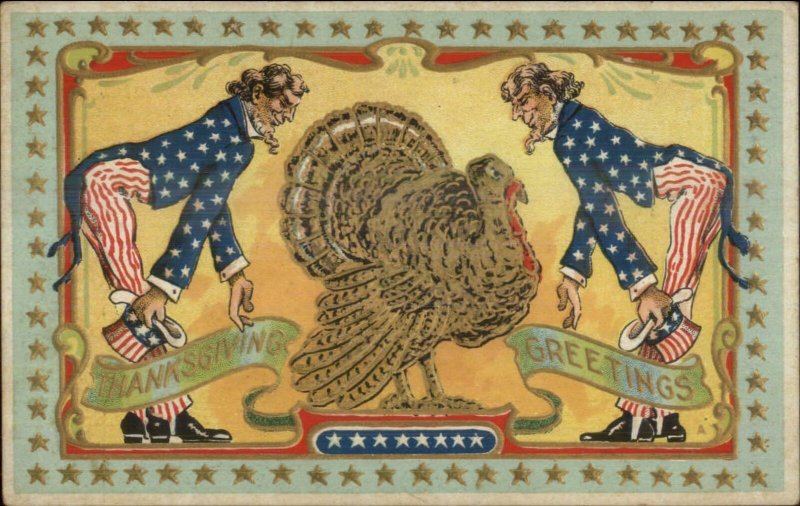 Thanksgiving - Uncle Sams & Turkey Gold Stars A&S c1910 Postcard