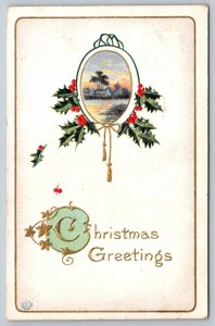 Christmas Greetings, Holly, Rural Winter Scene, Antique 1912 Herman Postcard