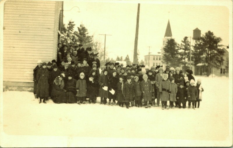 RPPC School Photo Children Teachers Outside Snow Church Real Photo Postcard