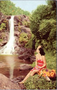 Postcard Hawaii - Island Girl by Waterfall - Union Oil 76 Gasoline