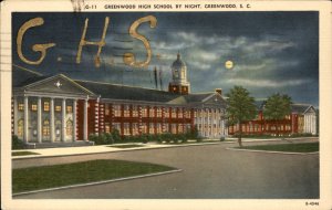 Greenwood South Carolina GHS High School at Night c1930-50s Vintage Postcard