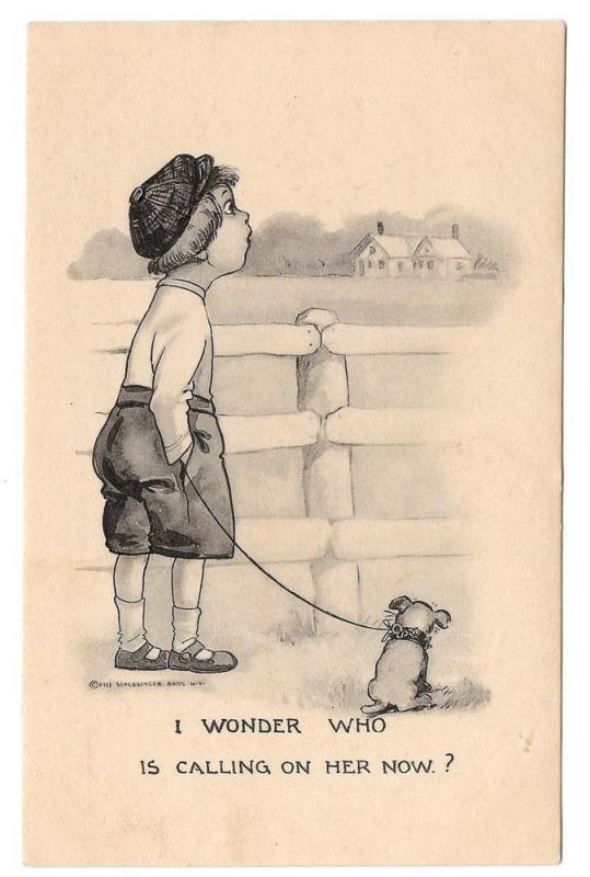 Boy and Dog I Wonder Who Is Calling On Her Now 1911 postcard