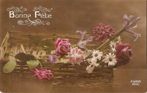 Flowers and roses in basket Old vintage French New Year greetings Postcard