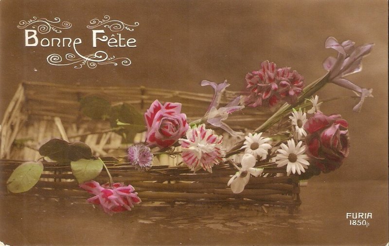 Flowers and roses in basket Old vintage French New Year greetings Postcard