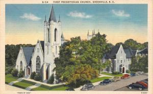 GREENVILLE, SC South Carolina  FIRST PRESBYTERIAN CHURCH  c1940's Linen Postcard