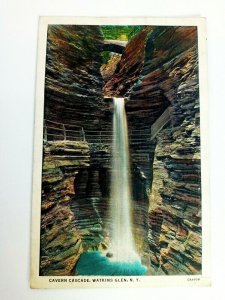 Watkins Glen NY-New York, 1937 Cavern Cascade Water Fall Vintage Old Postcard