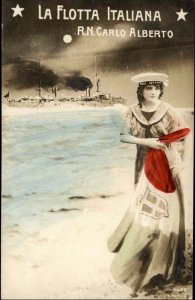 WWI La Flotta Italiana R.N. Carlo Alberto Pretty Woman w Flag TINTED RPPC