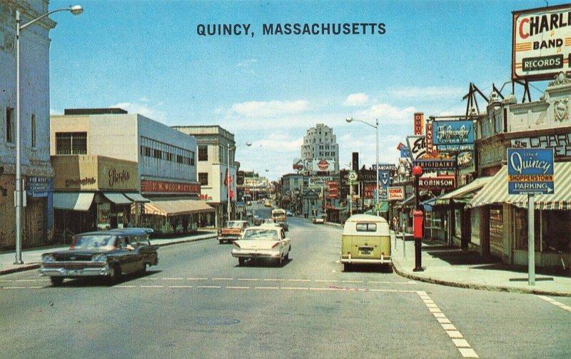 Quincy MA Business District F. W. Woolworth's Storefronts Old Cars Postcard 