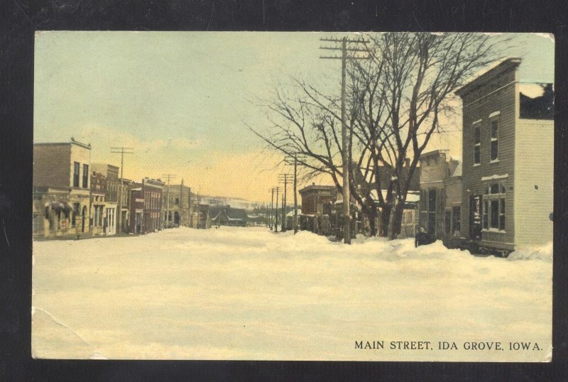 IDA GROVE IOWA DOWNTOWN MAIN STREET WINTER SNOW VINTAGE POSTCARD IA.