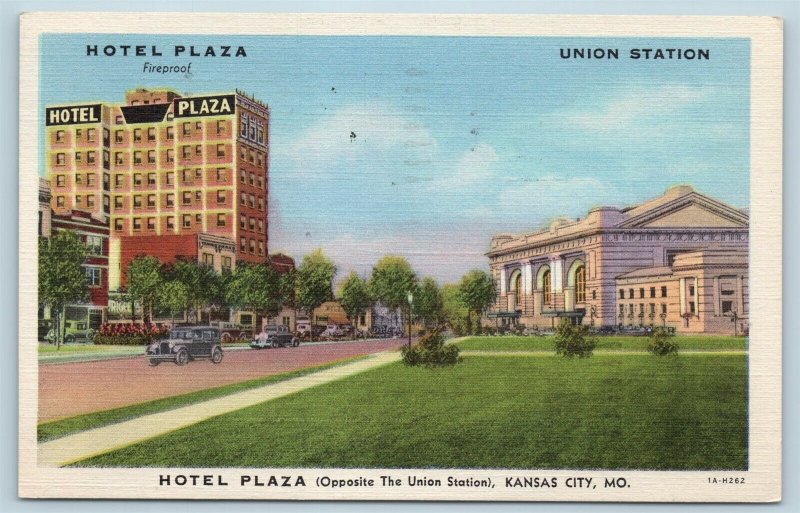 Postcard MO Kansas City Hotel Plaza Union Station Vintage Linen H22