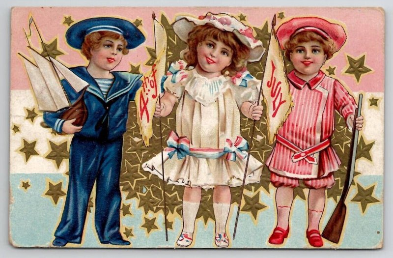 4th of July Victorian Children Stars Rifle Sailboat Embossed Postcard N26