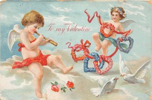 G2/ Valentine's Day Love Postcard c1910 Cupids Doves Flute Hearts 10