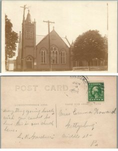 ANTIQUE RPPC REAL PHOTO POSTCARD PA STREET SCENE w/ CHURCH BUILDING