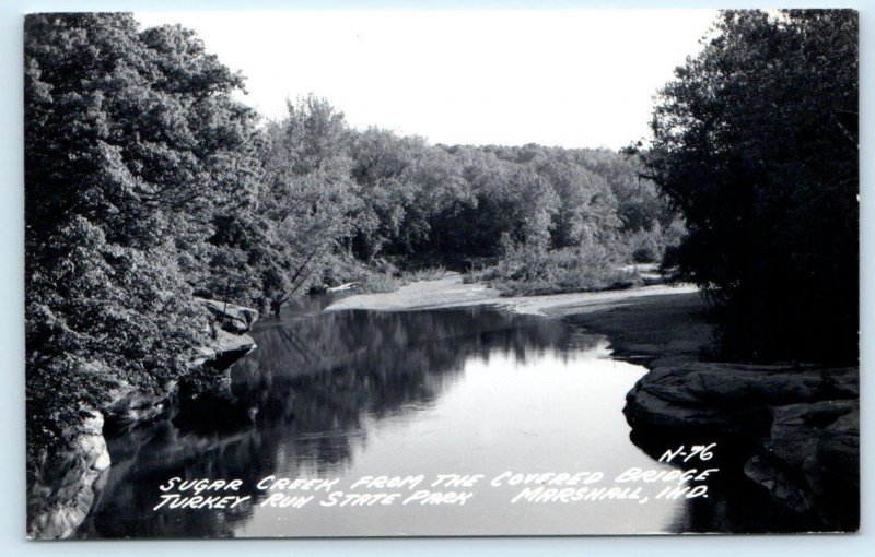 2 RPPC Postcards TURKEY RUN STATE PARK, Marshall IN ~ COVERED BRIDGE Sugar Creek
