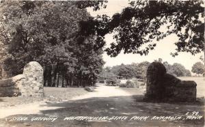 Anamosa Iowa~Wapsinicon State Park~Stone Gateway~Log Cabin in Bkgd~1940s RPPC