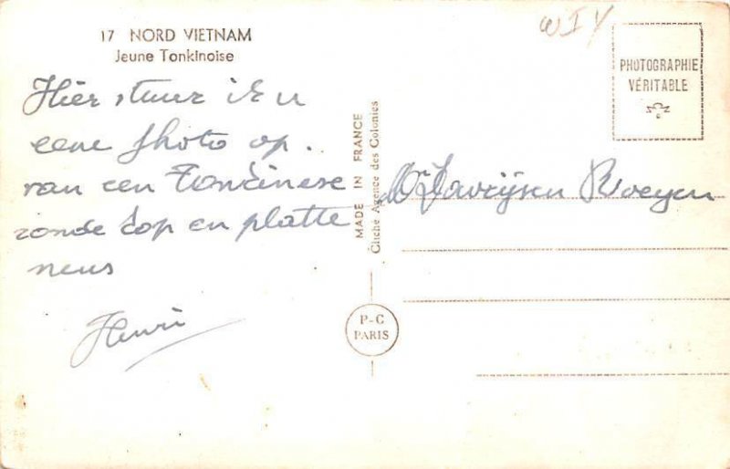 Jeune Tonkinoise Nord Vietnam, Viet Nam Writing on back 