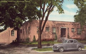 Linen Postcard - Beeson Hospital - Wooster, Ohio Old Car