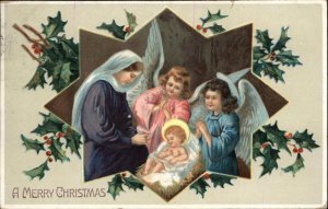 Christmas Nativity Mary with Baby Jesus and Angels c1910 Vintage Postcard