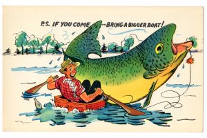 Oversize Cartoon, Fishing, Bigger Boat, Vintage Humour, 5 1/2  X 8 1/2  inch