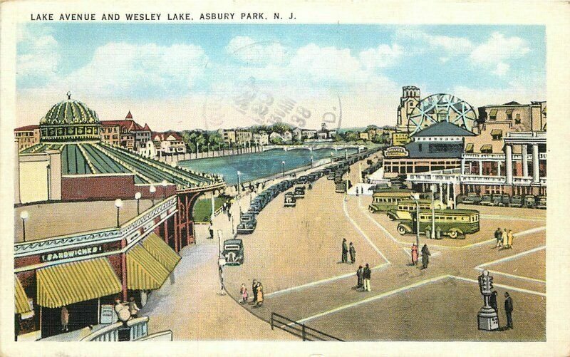 Asbury Park New Jersey Autos 1938 Lake Avenue Wesley Lake Postcard Tichnor 11571