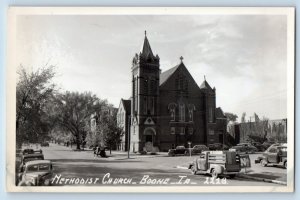 Boone Iowa IA Postcard RPPC Photo Methodist Church Cars Scene c1930's Vintage