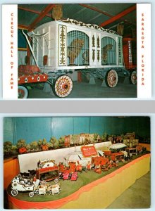 2 Postcards SARASOTA, FL ~ Cage Wagon, Miniature CIRCUS HALL OF FAME c1960s-70s