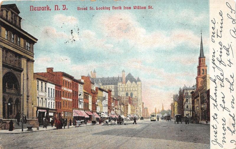 Newark New Jersey~Broad Street North @ William~Storefronts w Awnings~Church~1906