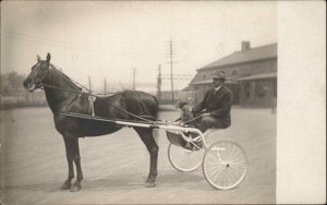 Horse Harness Racing Driver w/ Dog CRISP IMAGE c1910 Real Photo Postcard