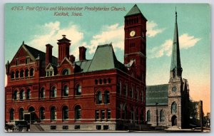 Keokuk Iowa~Post Office & Westminister Presbyterian Church Bldg~Vintage Postcard