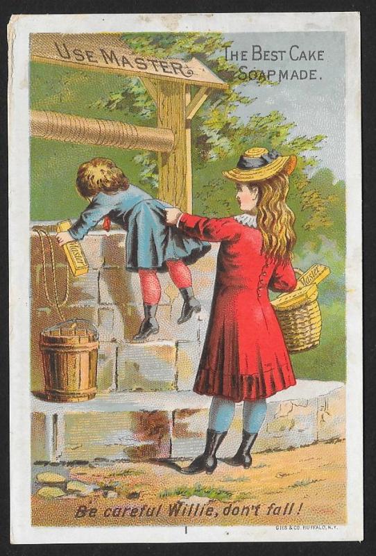 VICTORIAN TRADE CARDS (4) Masters Cake Soap Girl and Young Boy at Water Well