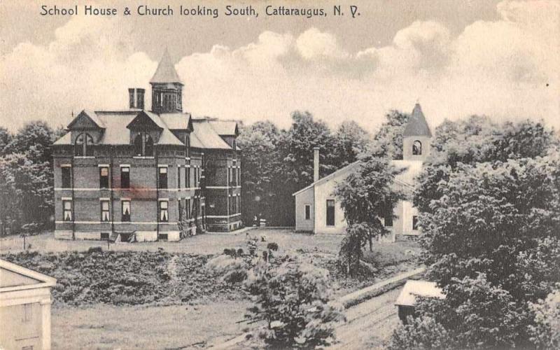 Cattaragus New York School House and Church Looking South Postcard J66148