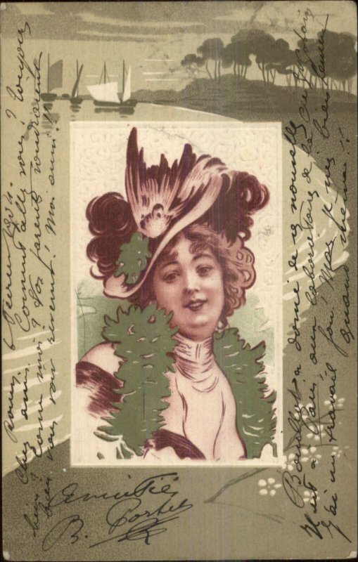 Art Nouveau - Beautiful Woman Hat & Scarf 1904 Used Postcard