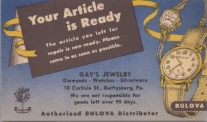 Advertising Postcard Bulova Watches Gay's Jewelry Gettysburg PA