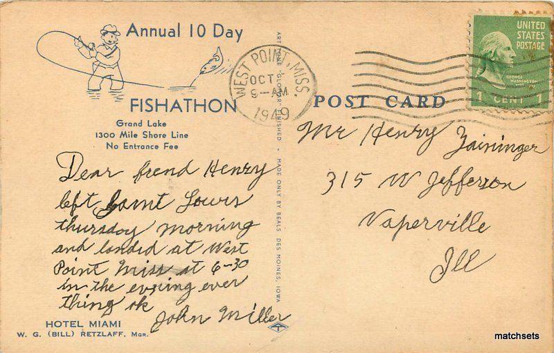 1949 Miami Oklahoma Hotel Advertising Annual Fishathon Grand Lake Linen Postcard