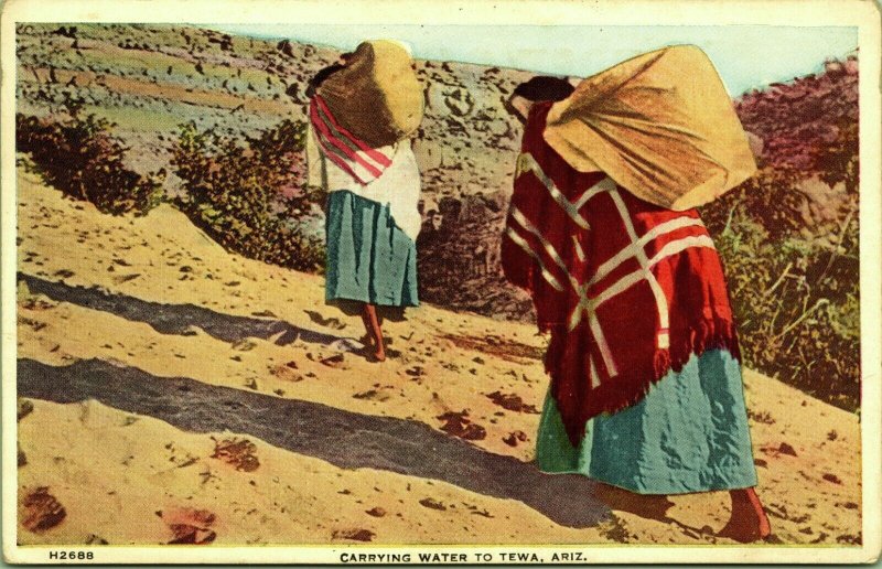 Women Carrying Water to Tewa Arizona Hopi Pueblos Fred Harvey Postcard