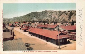 S. P. RAILROAD STATION TRAIN DEPOT ROSEBURG OREGON POSTCARD (1906)