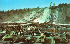 postcard - Iron Mountain Michigan - Pine Mountain Ski Jump old cars