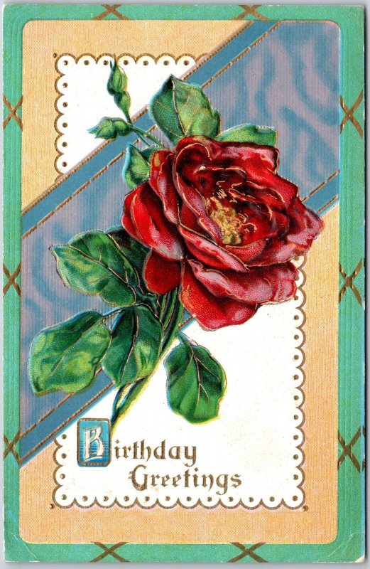 Birthday Greetings Rose Flower Large Print Green Border Greetings Postcard