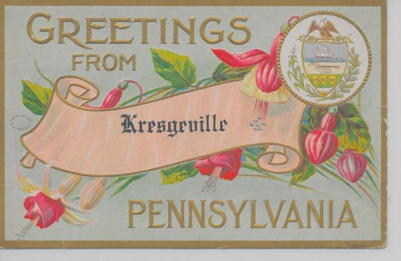 Kresgeville Pennsylvania Greetings From flowers banner antique pc Z24026