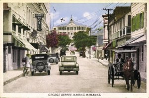 bahamas, NASSAU, George Street, Hotel Charlotte, Car Horse Cart (1930s) Postcard