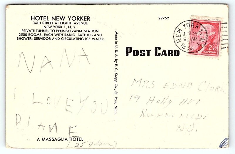 1950s NEW YORK CITY HOTEL NEW YORKER 34th ST A MASSAGLIA HOTEL POSTCARD P2121